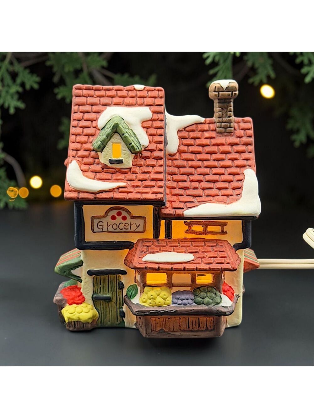 Vtg Heartland Valley Village Lighted Grocery Store Porcelain Christmas House Box